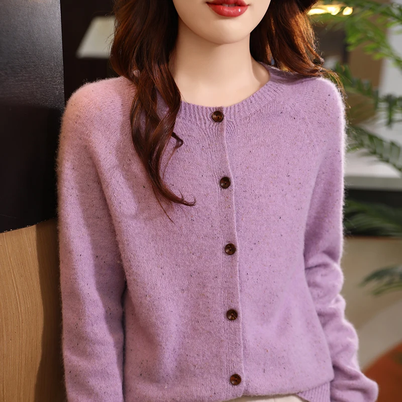 

100% Alashan Pure Wool Women's Round Neck Knitted lLong Sleeved Cardigan for Warmth, 2024 New Autumn and Winter Basic Top