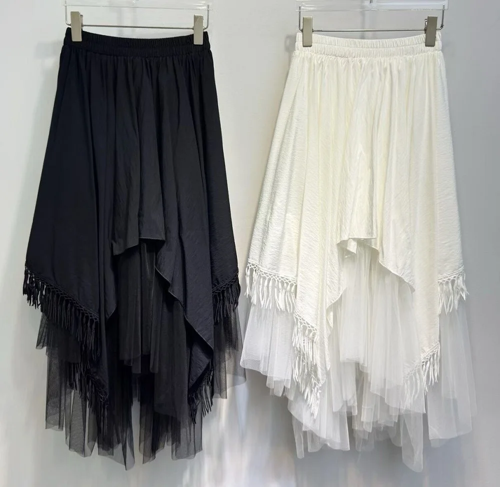 

2026, весенние модные длинные юбки высокого качества, женские эластичные талии, сексуальные тюлевые сетчатые лоскутные сексуальные асимметричные юбки с кисточками, клубные