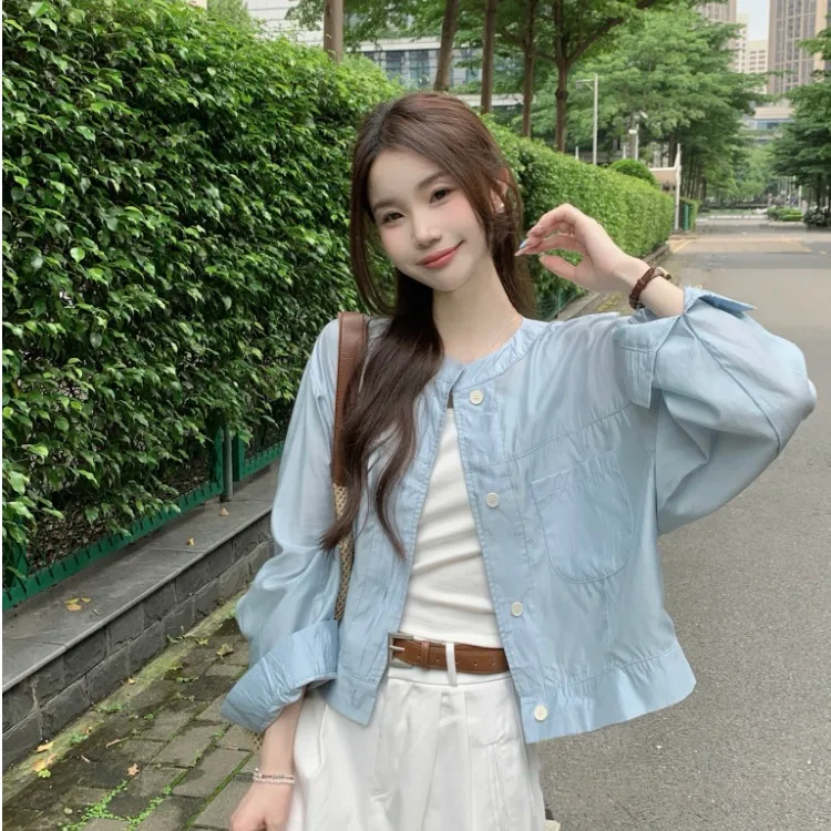 

Chic Korean round Neck Pocket Shirt Casual Loose Long Sleeve Sun Protection Outerwear Pure Color Versatile Loose Fit Women's ...