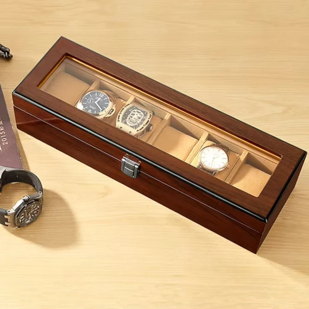 Роскошная черно-коричневая деревянная коробка для часов, 6-слотовая подарочная коробка для часов, дорожный футляр для хранения часов, органайзер, мужская шкатулка для драгоценностей, краска для фортепиано