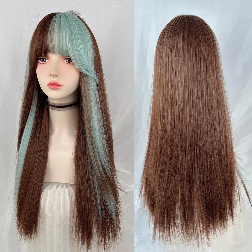 GAKA Synthetic Long Straight Green Brown Layered Ombre Mix Wig Lolita Cosplay Women Fluffy Hair Wig for Daily Party