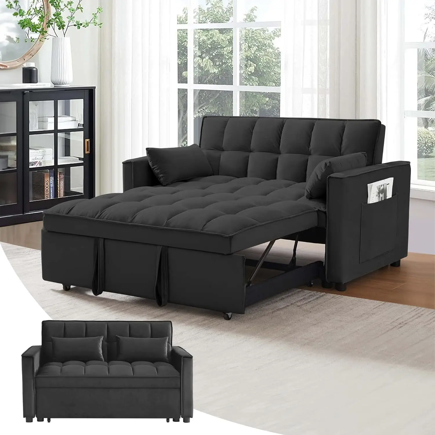 Cumkea Converteerbare Bank 3-In-1 Multifunctioneel Fluwelen Uitklapbed, 55 ''Loveseat Chaise Lounge Met