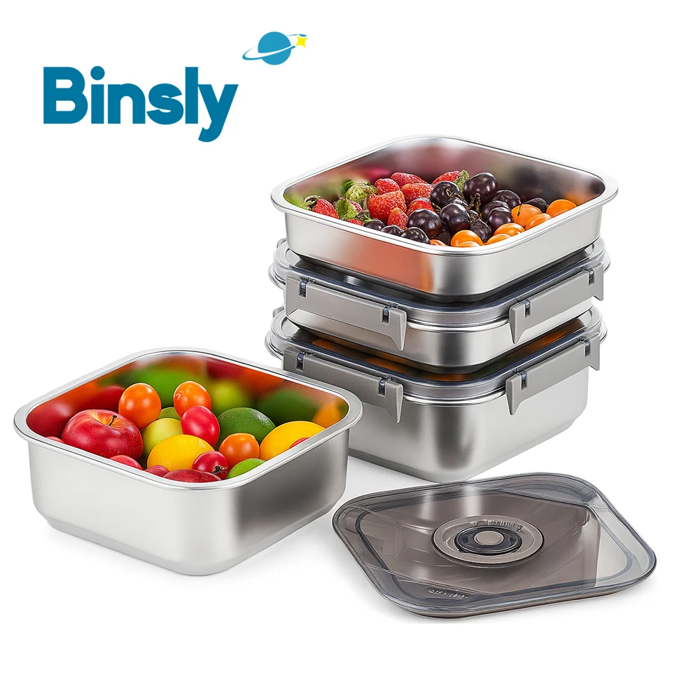 

Stainless Steel Vacuum Food Storage Container 3-Piece Set Airtight Square Fridge Freezer Storage Bins Refrigerator Organizer