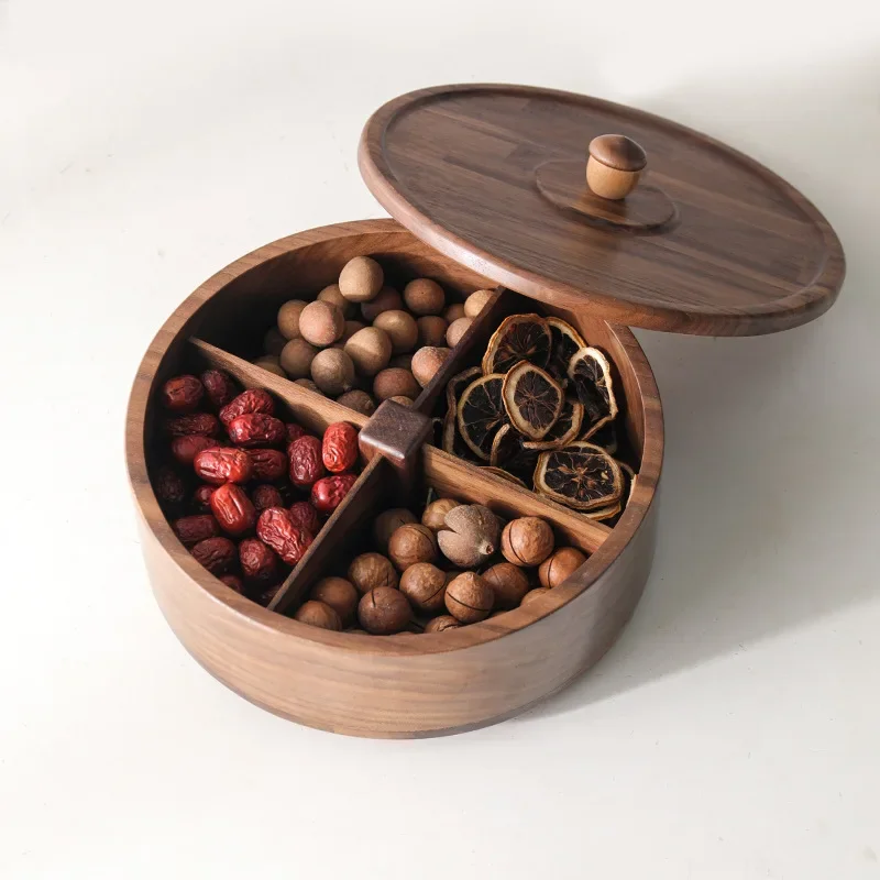 Walnut solid wood round rotating nut box multi-grid storage dried fruit box holiday candy box Chinese handmade wooden