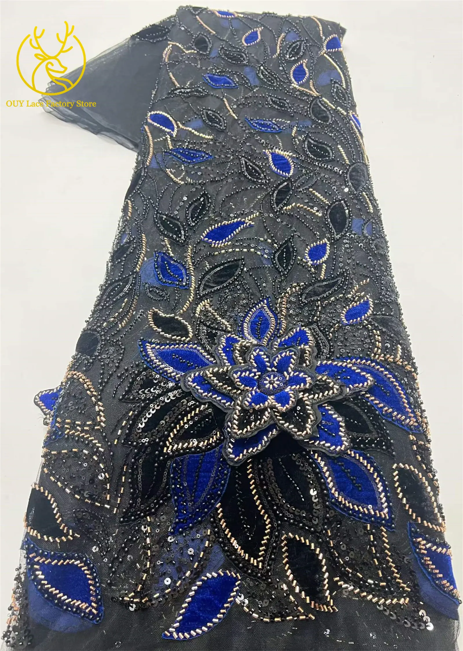 3D-Blumen handgefertigter Perlen-Spitzenstoff, afrikanischer Spitzenstoff, exquisiter nigerianischer Pailletten-Tüll-Spitzenstoff für Hochzeitskleider zum Nähen – Detail 13