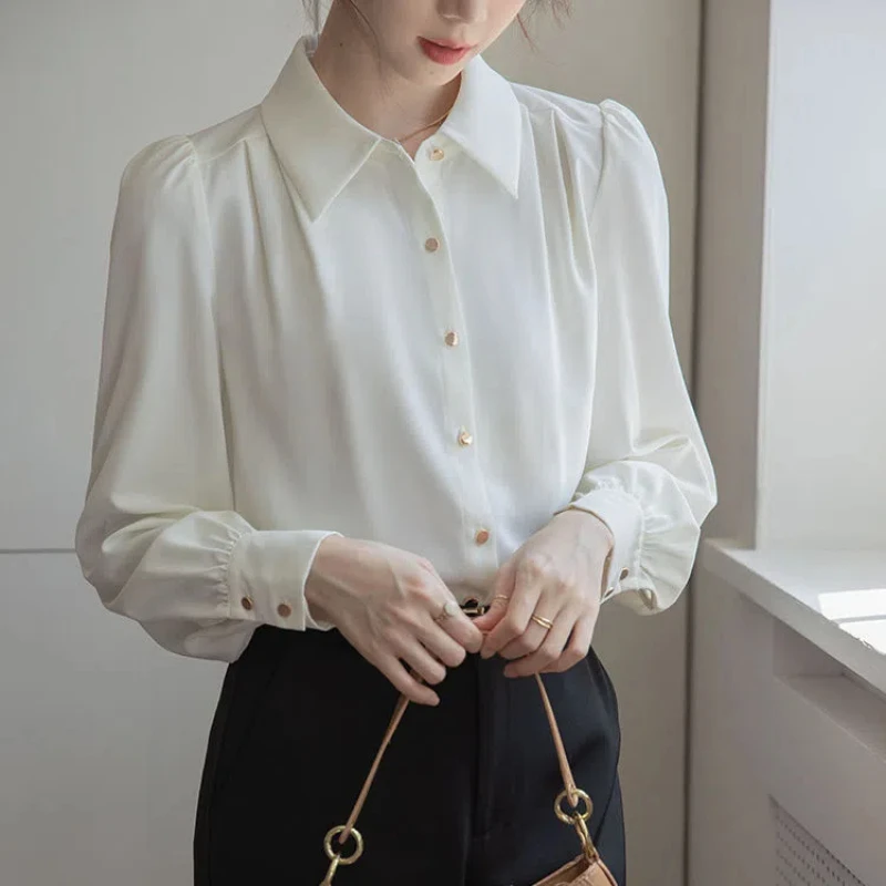 Autumn New Korean Loose White Shirt Tops Long Sleeve Polo Neck Solid Simplicity Office Blouse Temperament Elegant Women Clothing