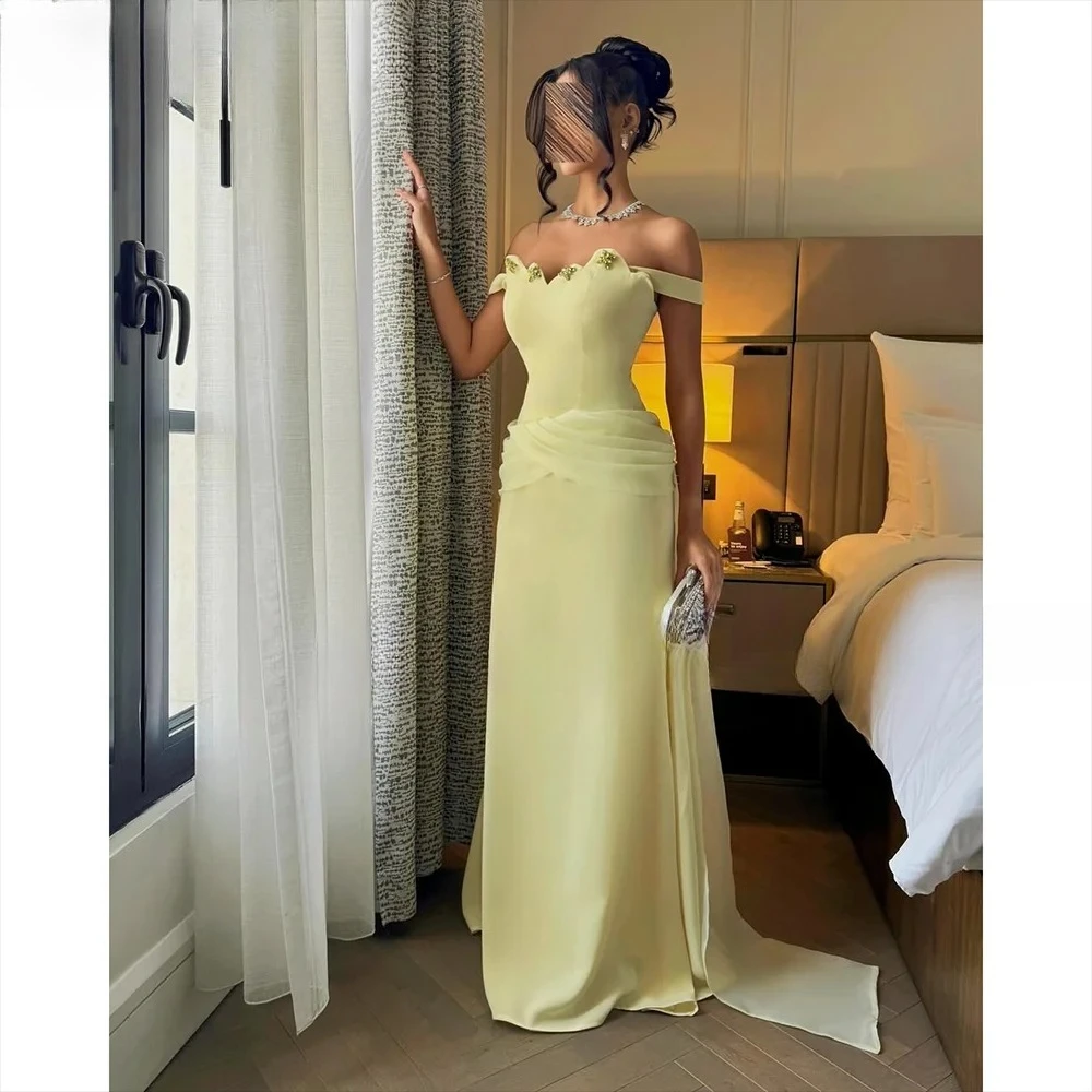 

Желтое вечернее платье, арабские вечерние наряды, индивидуальный пошив, с открытыми плечами, с кристаллами, из джерси, формальное вечернее платье, Robe De Soiree