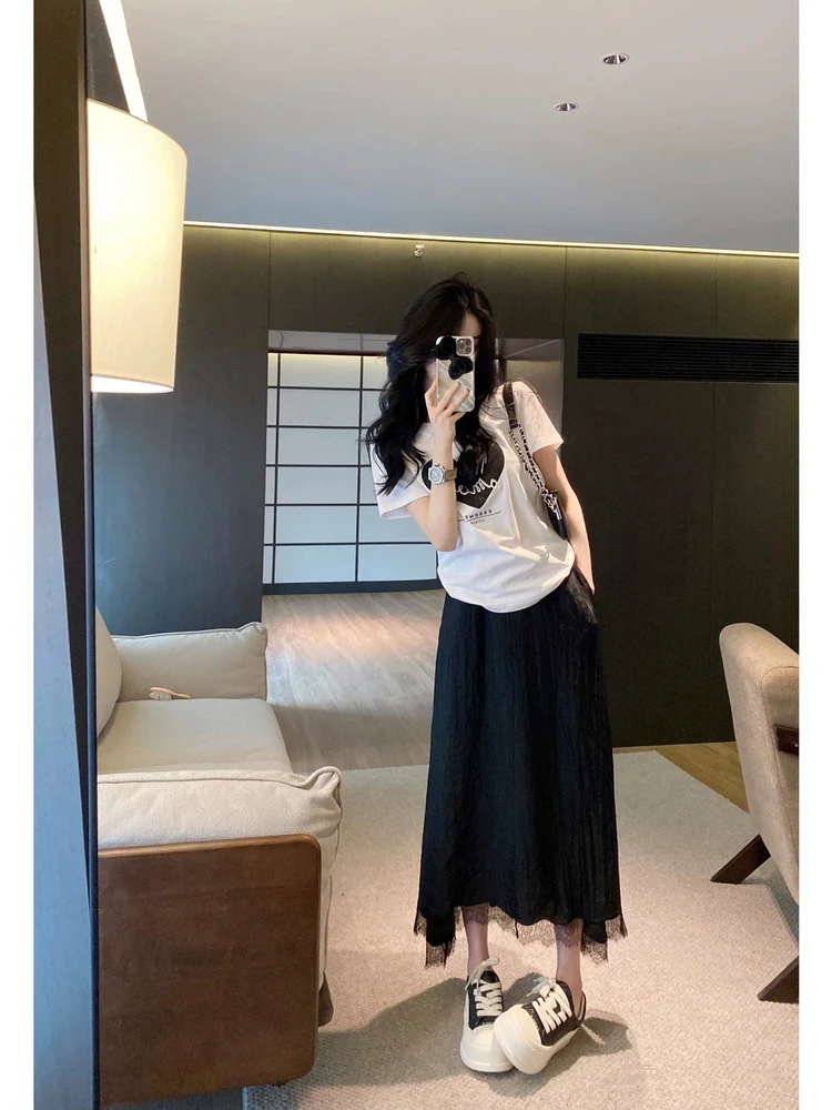 

Bla Lace Splice A-Line Skirt Women's High Waist Slimming Pleated Midi Skirt Ele Simple Sle Summer Collection