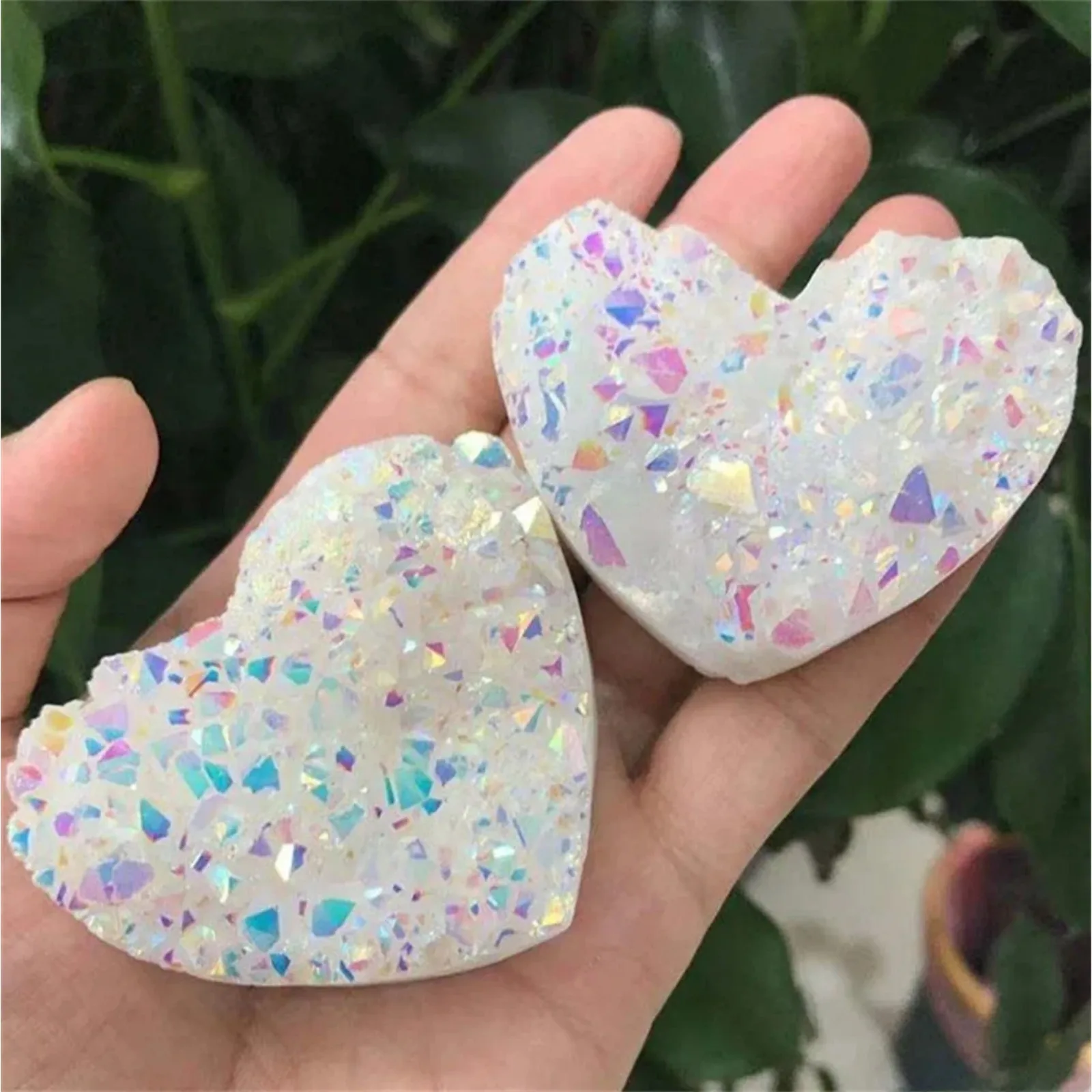 Angel Aura Quartz Crystal Heart Cluster Iridescent Rainbow Druzy Heart Shaped Coated Quartz Specimen Collectible Home Decor