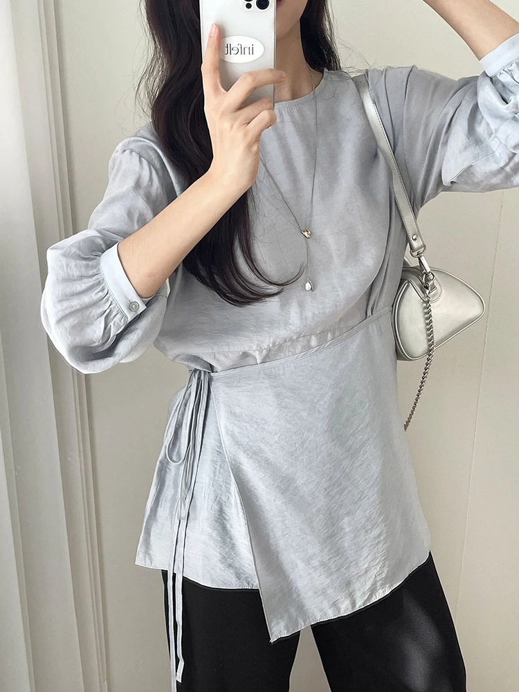 

Women's Belted irt Layering Design Spring New Sle Faionable Waist-Cinching Versatile Top Korean Loose Fit Long Sve