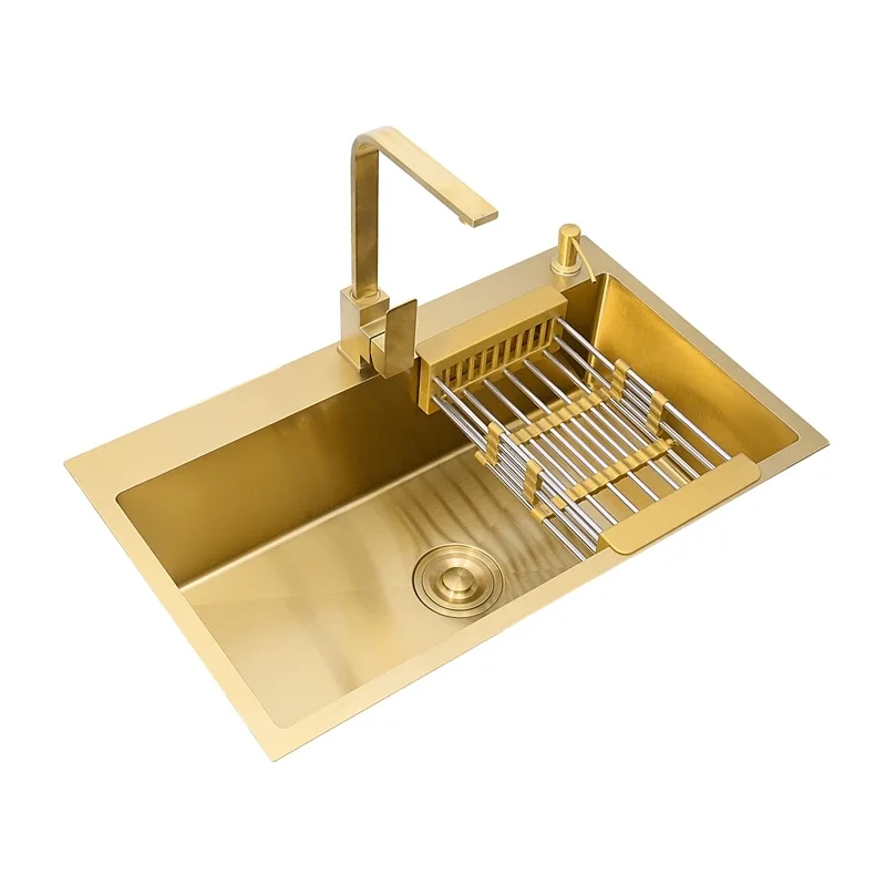 Fregadero de cocina dorado de acero inoxidable 304, escurridor de cesta de oro, dispensador de jabón, lavabo de lavado, sobre o bajo encimera montaje