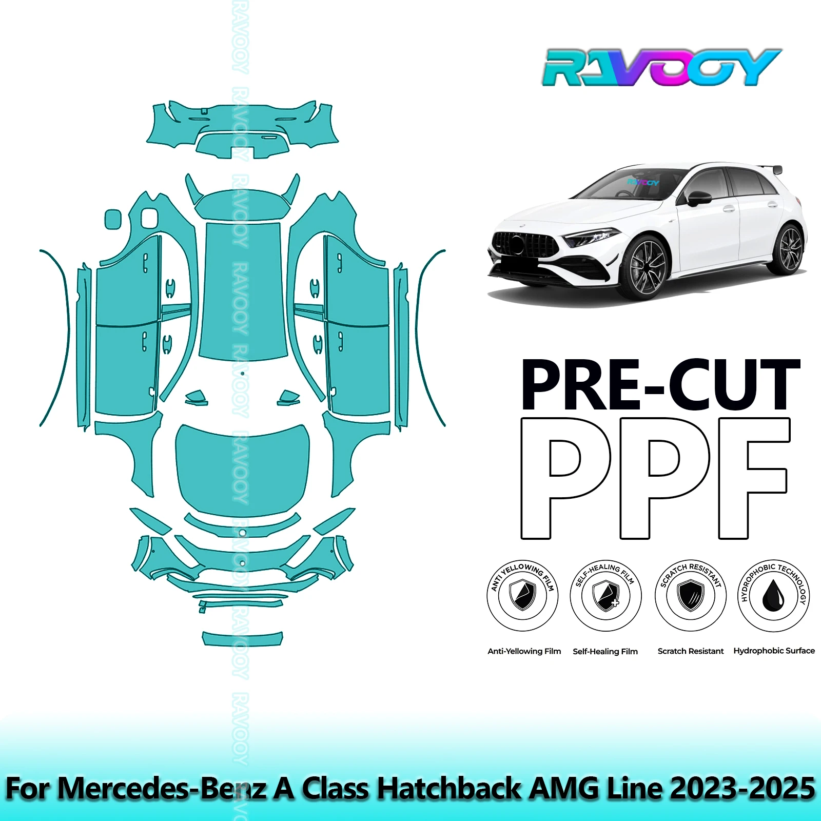 RAVOOY 8.5Mil Precut TPU PPF Full Vehicle Clear Bra Stone Guard For Mercedes-Benz A Class Hatchback AMG Line 2023-2026