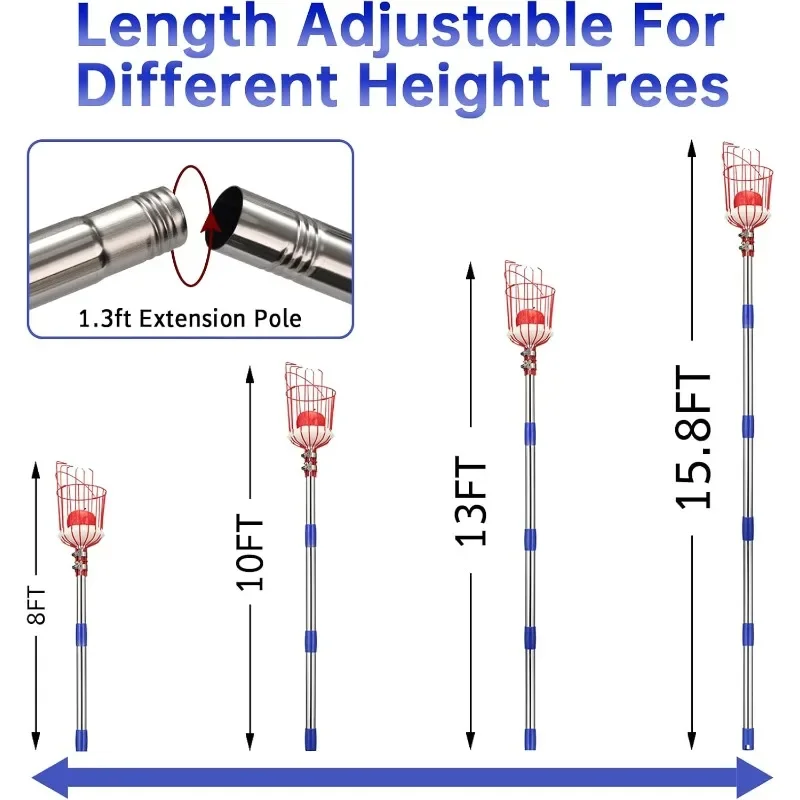 Drążek do zbierania owoców ze stali nierdzewnej, regulowany do 2,4 m - narzędzie do zbierania owoców z koszykiem na jagody, cytryny, brzoskwinie, borówki