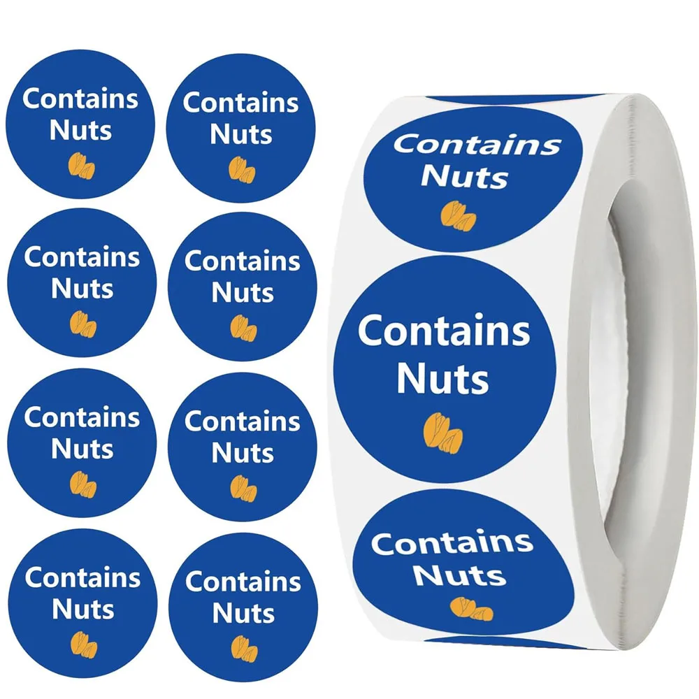 Contains Nuts Labels 1 inch Allergen Warning Stickers Round Allergies Food Rotation Advisory Dots for Retail Packaging 500pcs