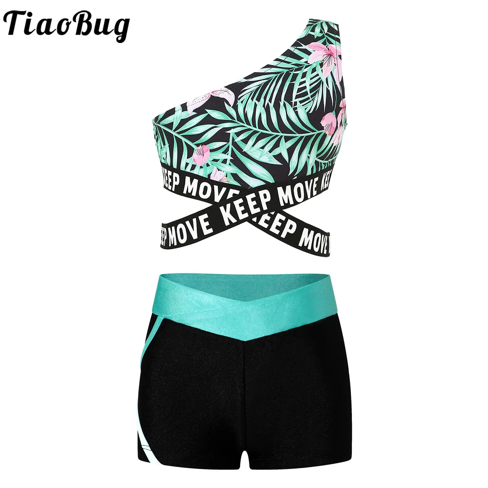 Kids Girls Summer Swimwear Single Shoulder Criss Cross Waistline Printed Crop Top with Low Elastic Waistband Shorts for Sports