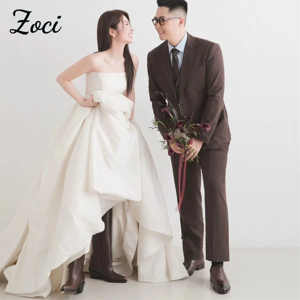 

Zoci Elegant Strapless Korea Wedding Dresses Draped Customized Taffeta Bride Photos Shoot Dress Floor Length Corset Bridal Gown