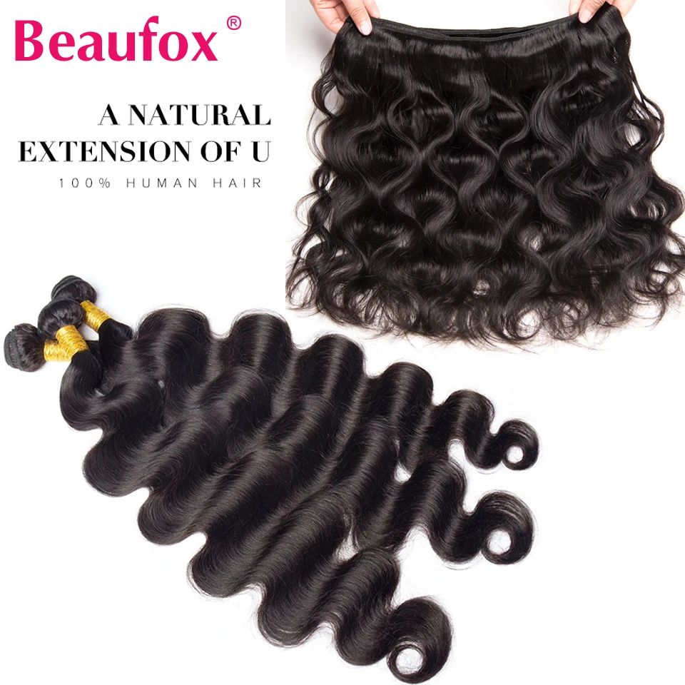 Beaufox Brazilian Human Hair Weave Bundles 3 Bundles Deal Body Wave Bundles 22 24 26 Human Hair Extensions Natural /Jet Black