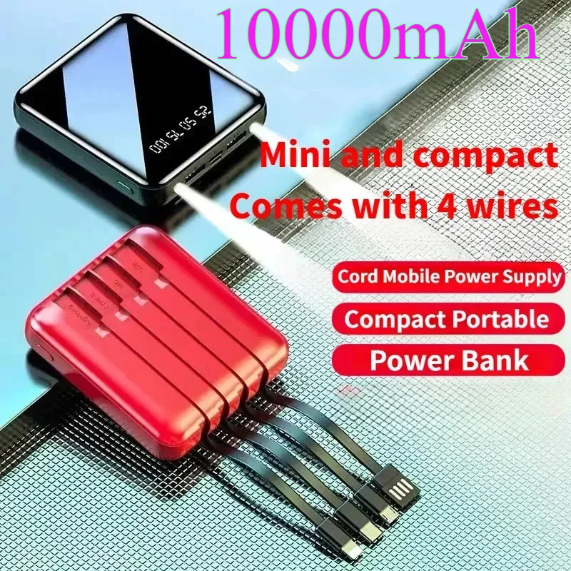 

Power Bank 10000mAh Mirror Digital Display Screen Built-In Cord Mobile Power Supply Compact Portable Mobile Phone Accessories