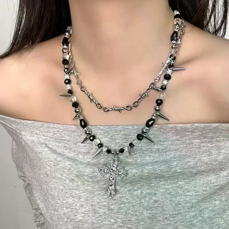 Gothic Dark Style Beaded Thorns Rivet Cross Necklace Women's Punk Vintage Double Layer Chain Jewelry Accessory