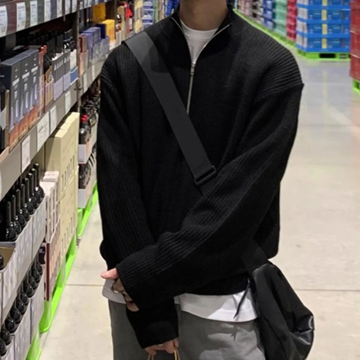 

Autumn Winter Boyfriend Spliced Head Stand Collar Zipper Screw Thread Fashion Solid Loose Casual Long Sleeve Knitted Tops