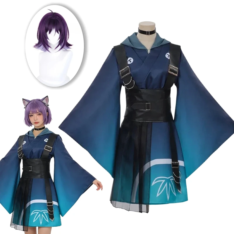 

Anime Sakayori Iroha Cosplay Costume Blue Japanese Kimono Dress Hoodie Coat Full Set with Wig Full Set for Women