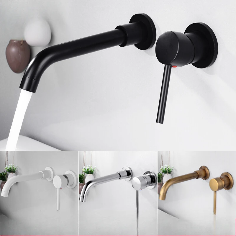 Concealed wall basin faucet Buried wall Concealed embedded hot and cold black wall faucet can be rotated