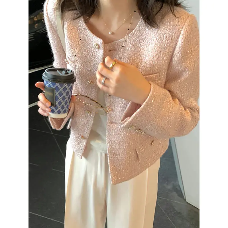 

2024 New High Quality Women Fashion Jackets Black Pink Tweed Single-breasted Elegant Coats Spring Autumn Women Clothes E302