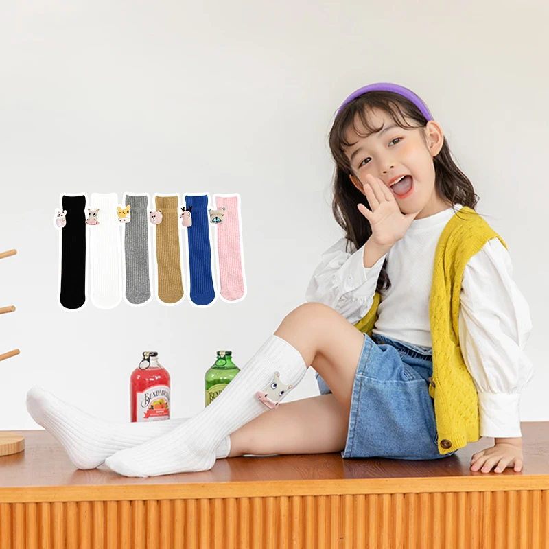 Long Socks For Cute Girls Featuring Solid Color Style And Lovely Cartoon Small Animal Ornaments On The Cuff Soft Stretch Hosiery