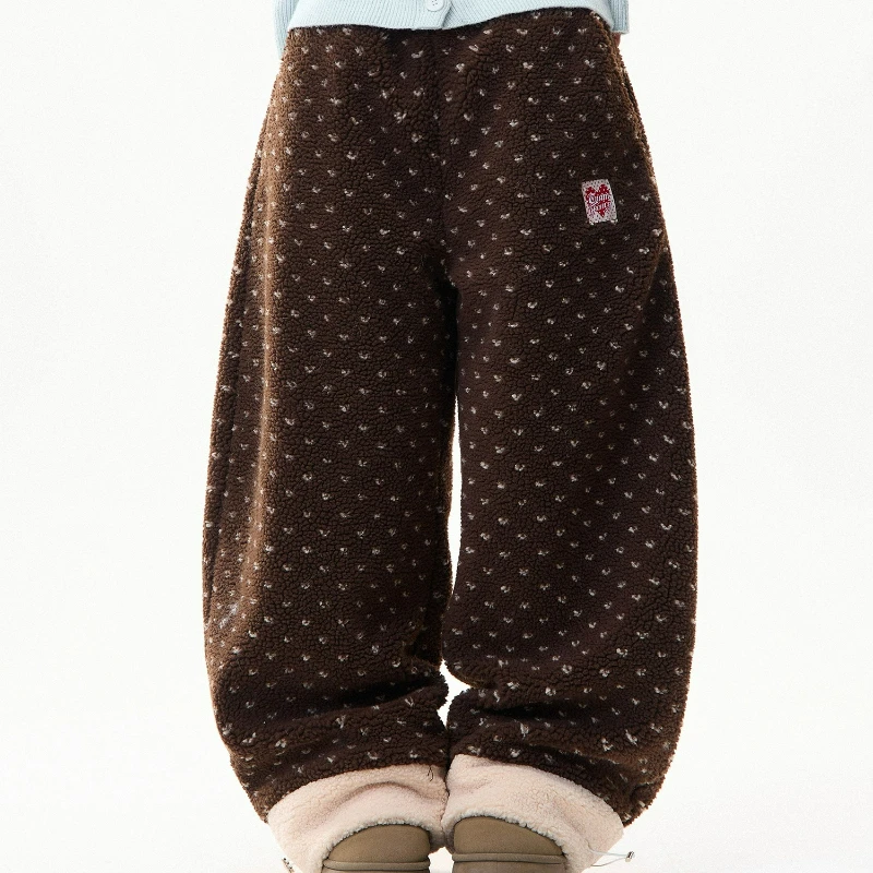 French Retro Design Floral Splicing Lamb Wool Women's Pants 2025 Winter New Loose Thin Versatile Warm Wide-leg Trousers Ladies