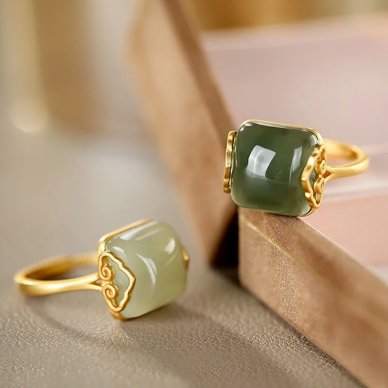Retro Auspicious Cloud Pattern Imitation Hetian Jade Ring Adjustable Elegant Temperament