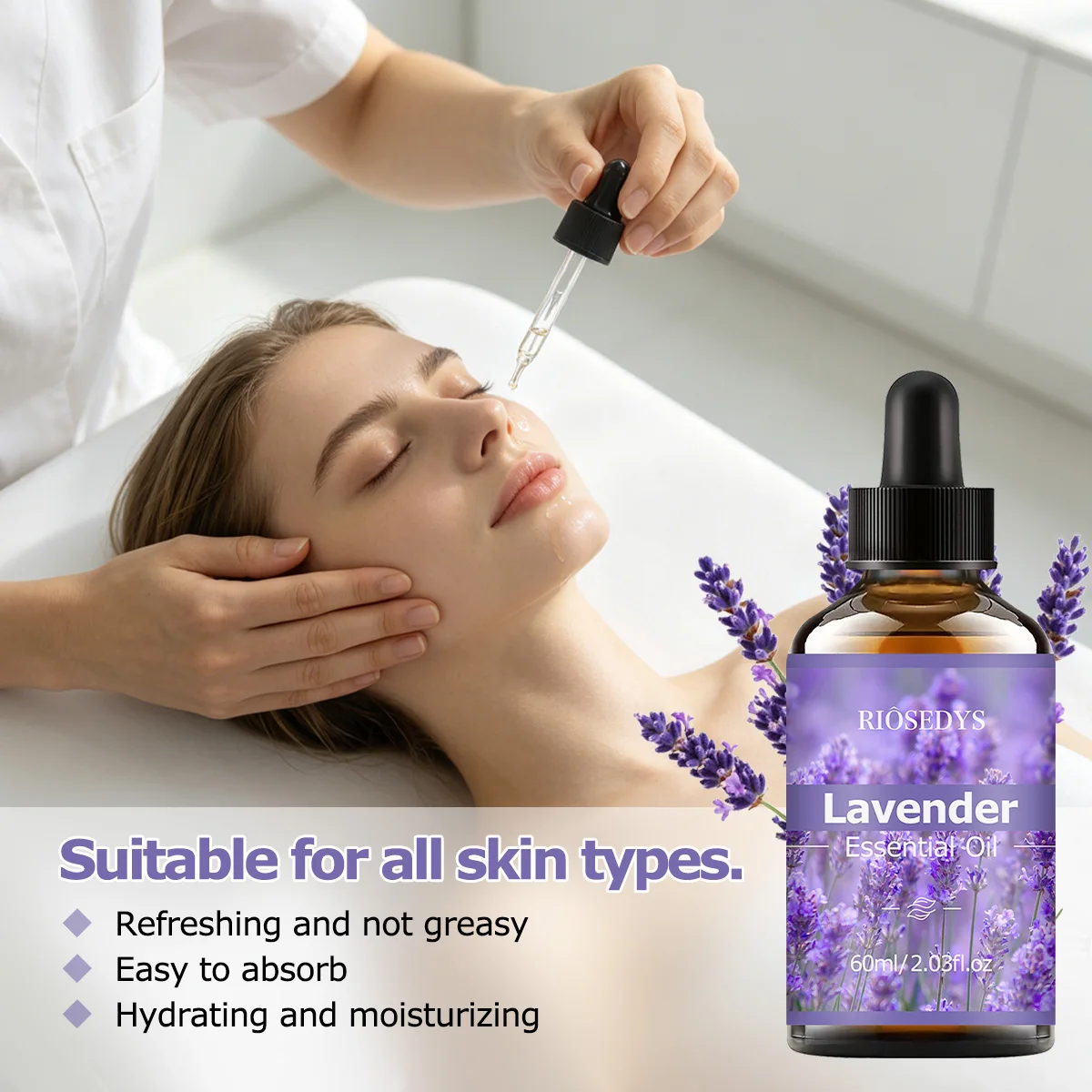 60ml LAVENDER ESSENTIAL OIL has deep nourishing moisturizing effects, making it suitable for massage, skin care, and hydration.
