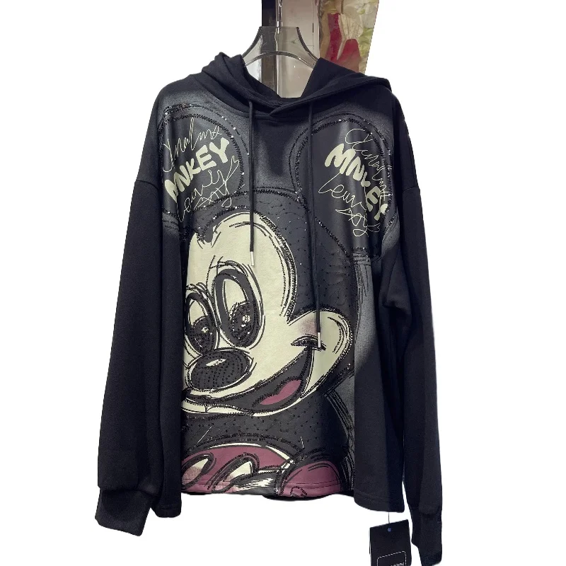 Trendy Printed Sequin Long Sleeve Loose Hooded Tops Fashion Cartoon Sweatshirt Black Pullover Sweatshirt Hoodie Oversized Hoodie