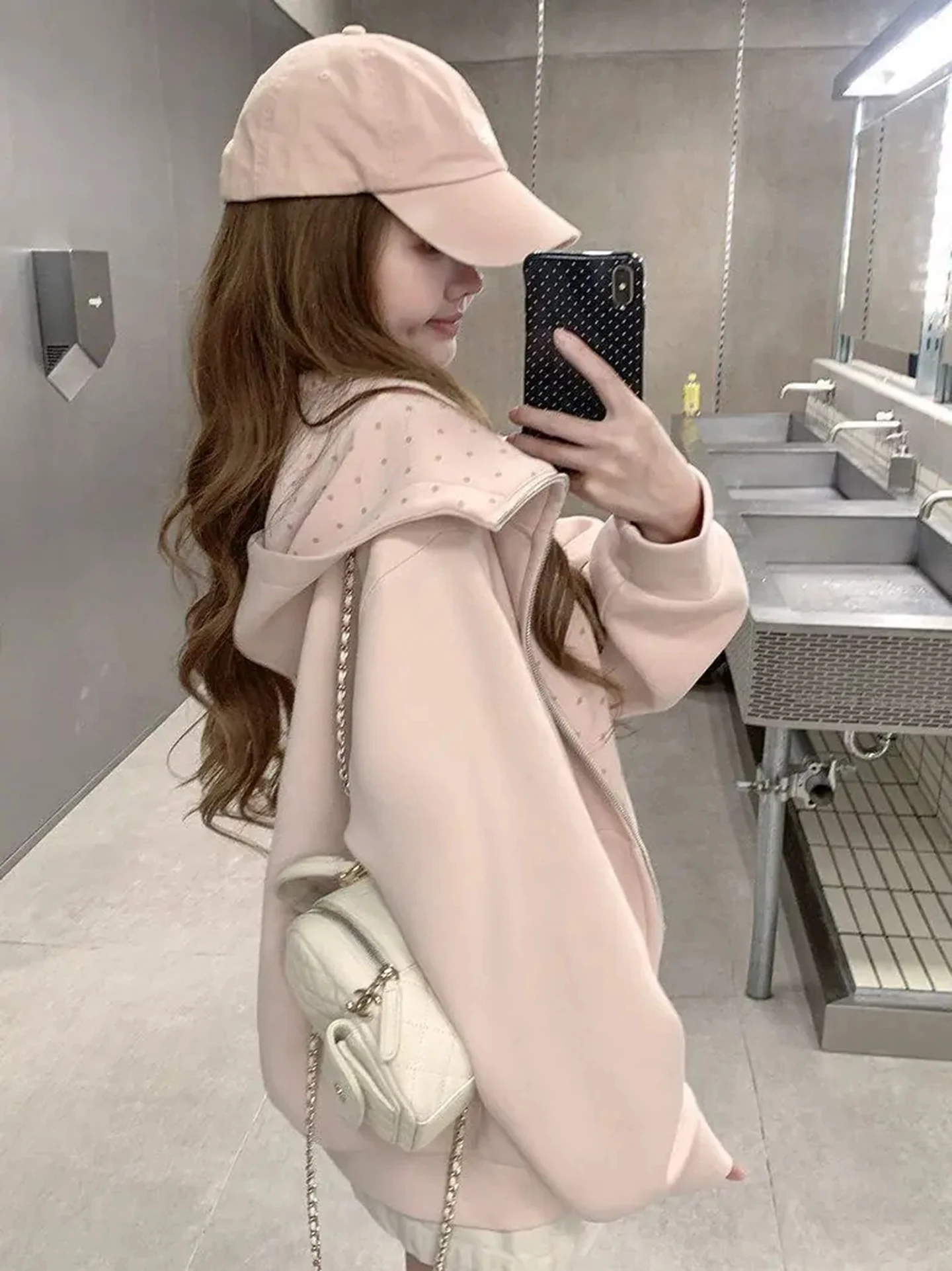 Korean Style Sweet Pink Hoodie Women's Loose Fit Zipper Cardigan Coat Breathable Warm Cotton Material Long Sleeve Casual Stre...