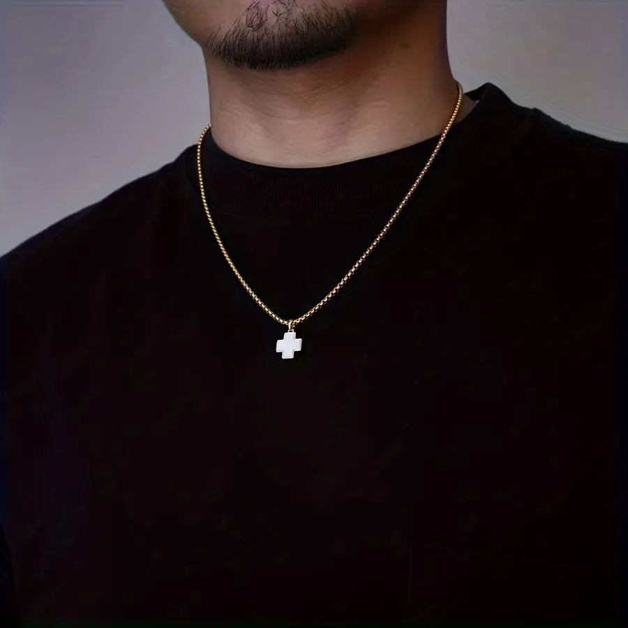 Retro Weiße Acryl-Muschel Kreuz-Anhänger Halskette Hip-Hop Goldfarben Edelstahl Halskette für Männer Mode Schmuck Accessoires – Detail 3