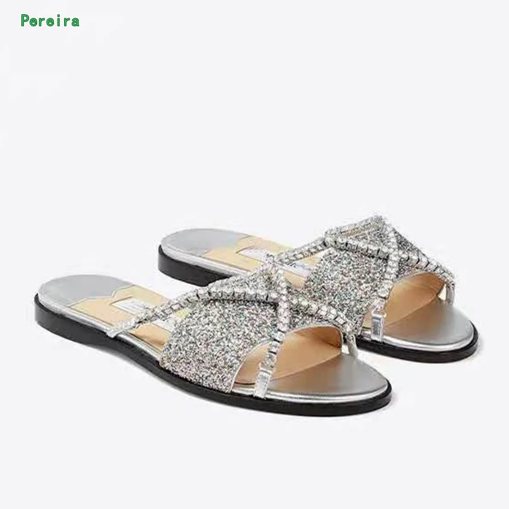 Rhinestone Cross Chain Slippers Summer Women's New Arrival Slip-on Round Toe Fashion Confortable Simple Sequins Flat Shoes