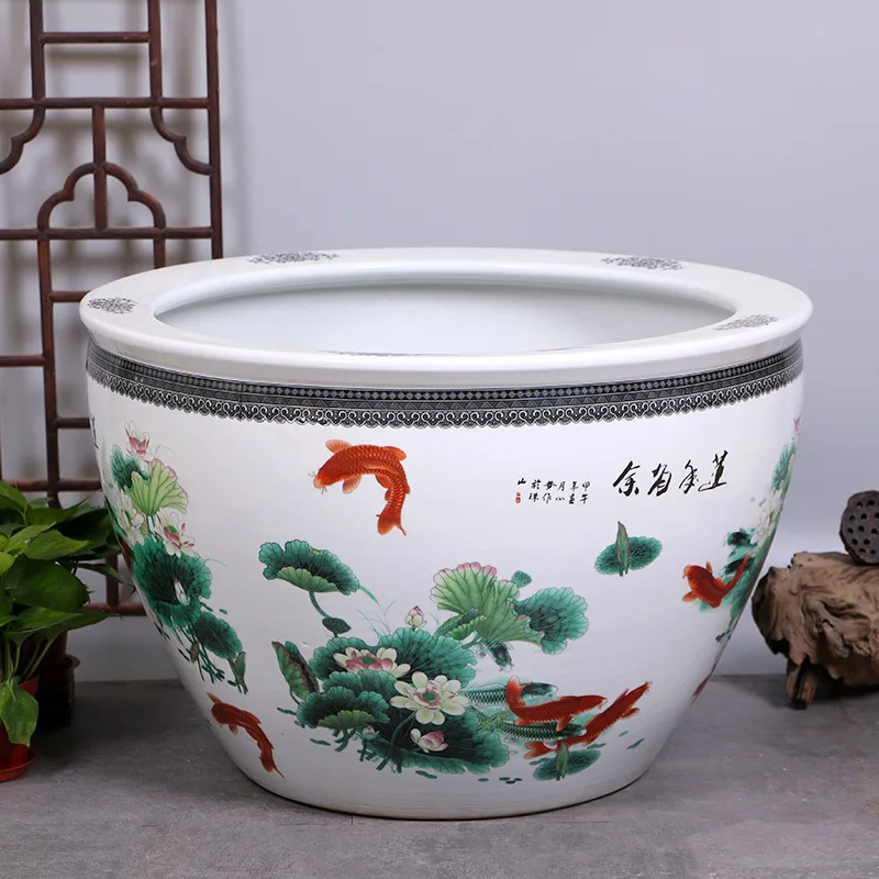 Sleeping Lotus Pot, Blue and White Ceramic Water Tank, Courtyard Bowl, Lotus Pot, Outdoor Extra Large Tree Planting Tank