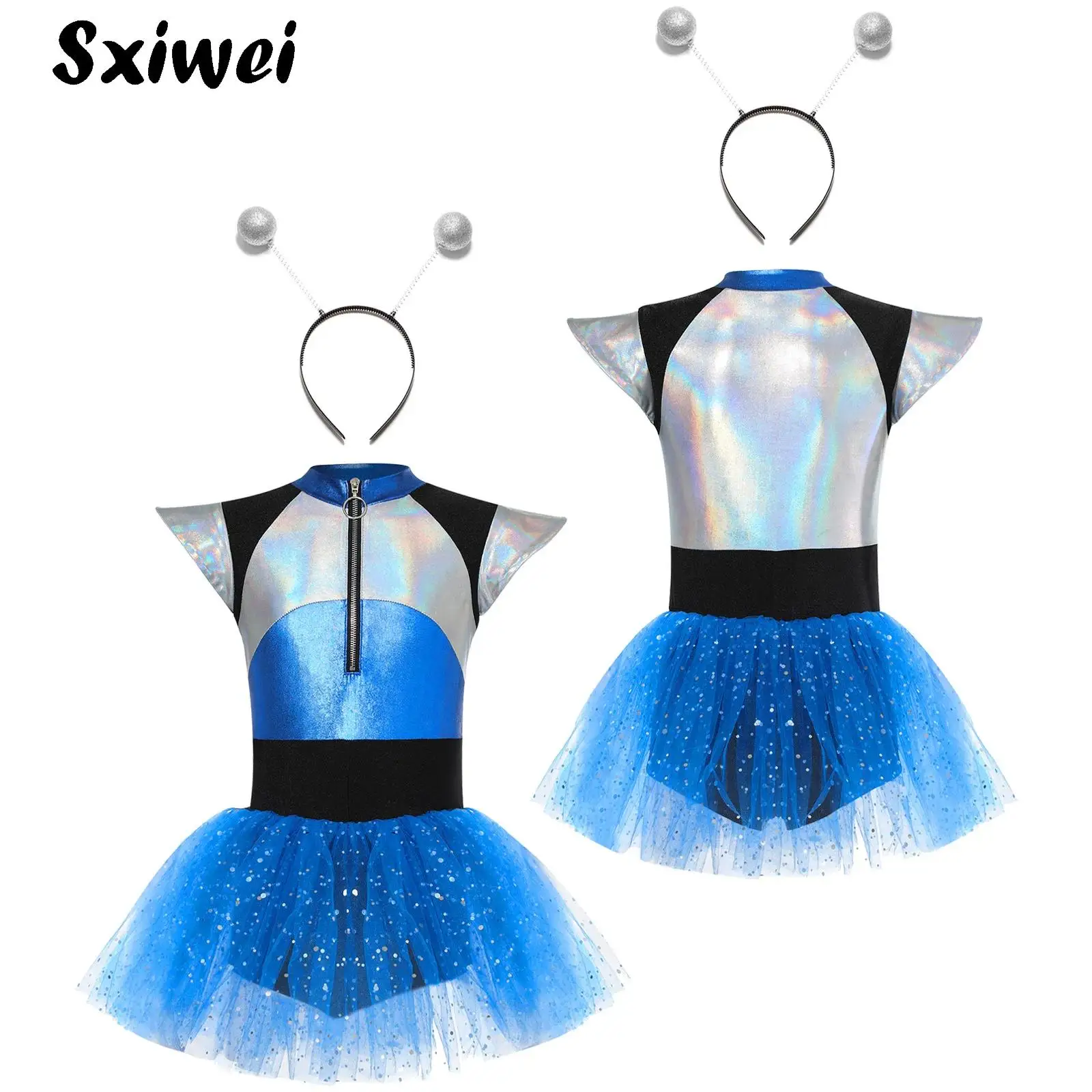 2 Pcs Alien Costume for Girls Outerspace Astronaut Alien Metallic Tutu Dance Dress with Headband Halloween Cosplay Carnival Set