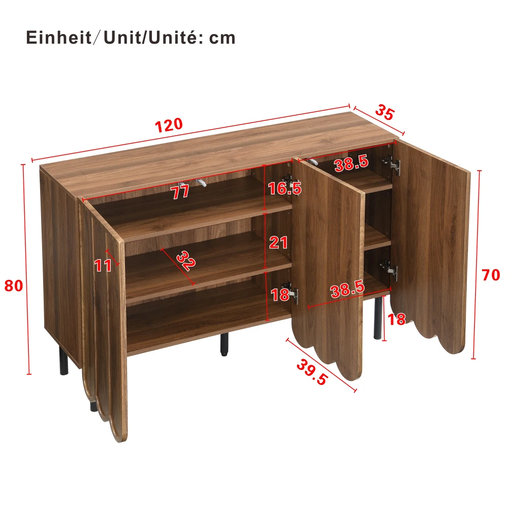 Modernes Sideboard aus Holz mit 120 x 35 x 80 cm großen, grifffreien, verstellbaren Regalen und Stauraum für Wohnzimmer, Flur und Esszimmer – Detail 5