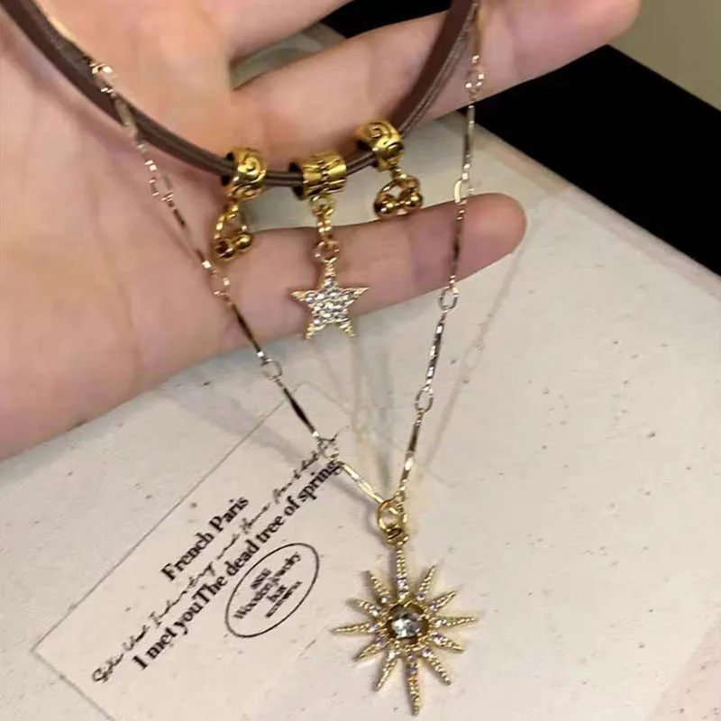 2025 Sun Star Zircon Necklace for Women Vintage Leather Necklace Double Layered Pendant Chain Choker Fashion Jewelry Ожерелье