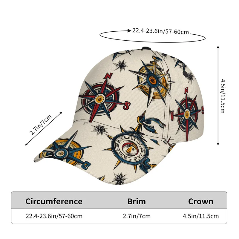 Compass and Design Print Classic Baseball Cap Stylish Duckbill Hat, Adjustable Design Lightweight and Comfortable