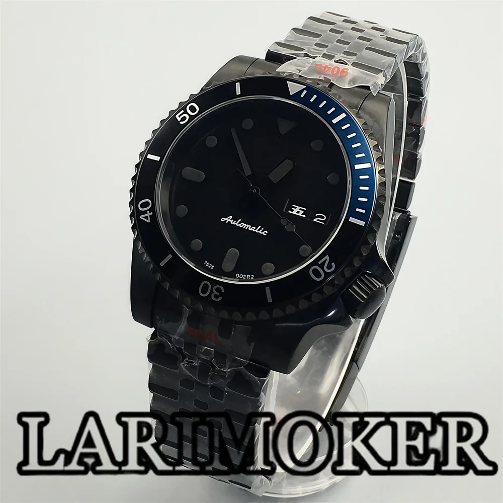 LARIMOKER 40mm NH36 movement men‘s mechanical watch day display function all black dial PVD case curved end waterproof