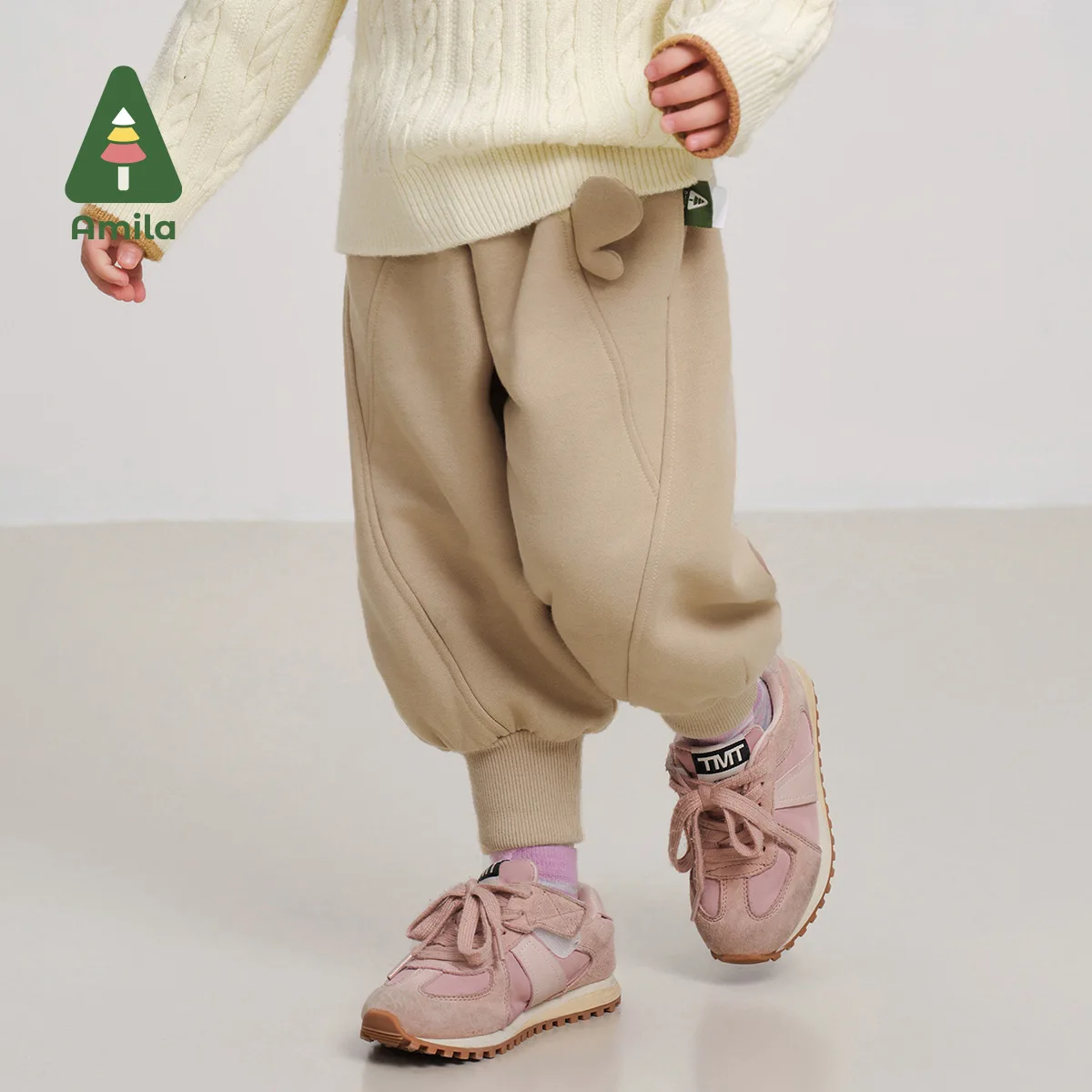 Amila Baby Pants 2024 Winter New Boys And Girls Solid Color Versatile Basic Polar Fleece Warm Loose Children‘s Casual Pants