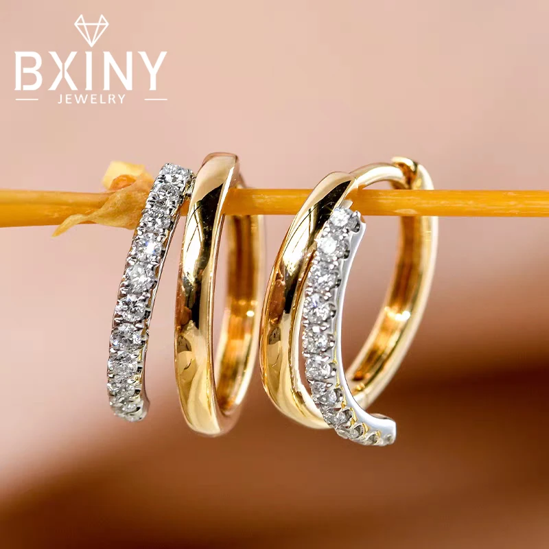 

BXINY All 2mm Moissanite Hoop Earrings S925 Silver Plated 18K Gold Diamond Double Circle Ear Buckle for Women Party Jewelry Gift