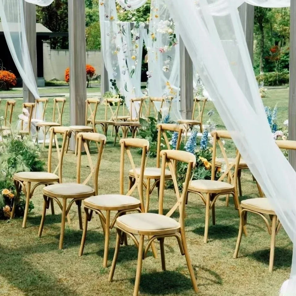 Hot sale wholesale wedding party wooden stackable KD cross back bentwood chair  with rattan cushion and solid wood seat