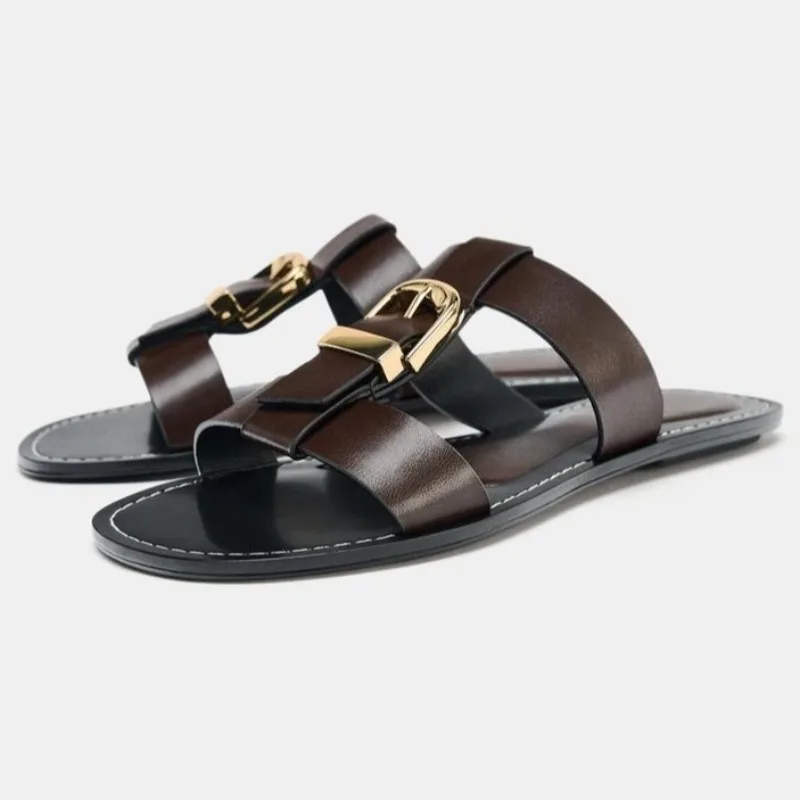 

Уникальные сандалии на плоской подошве с металлической пряжкой, женские модные сандалии на плоской подошве с двойной узкой полосой, летняя пикантная праздничная пляжная обувь с открытым носком