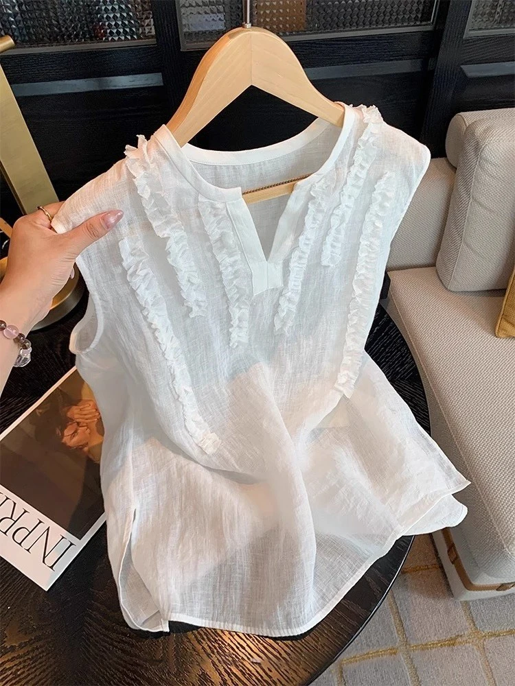 Blanco Svel Linen irt v-ne Mo Ne verano fino adelgazante Simple Sle aire acondicionado portátil Casual mujer Top