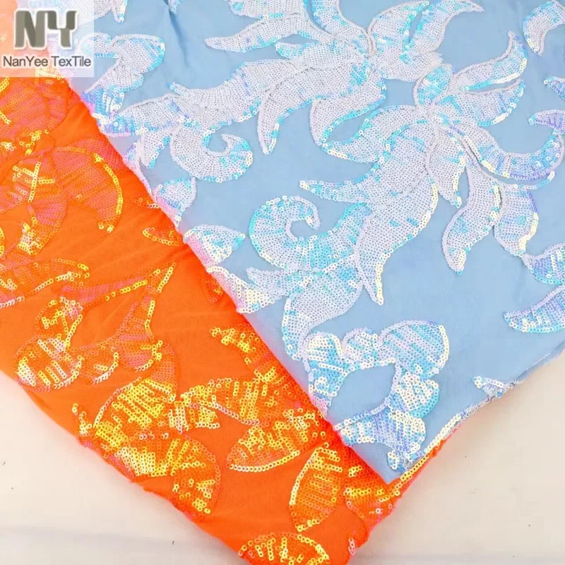 

3mm Embroidered Sequin Fabric Elasticity for Clothing Heavy Industry Fluorescent Illusory Color Blue Orange Designer Diy Sewing