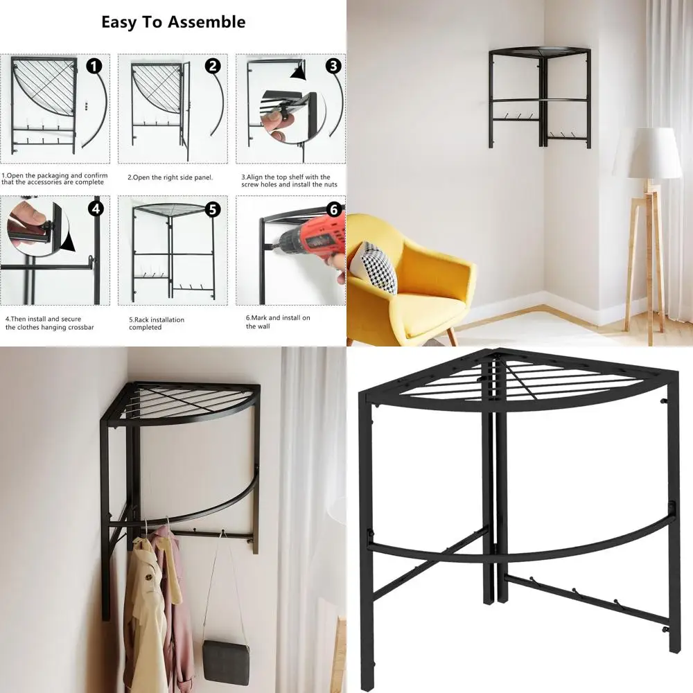 

Adjustable Hanging Closet Organizer with Shelves, Black Wardrobe Storage for Bedroom or Living Room