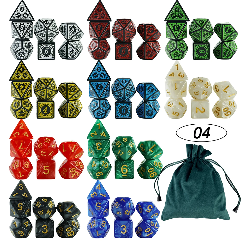 70pcs Polyhedral Digital Dice Set with Velvet Bag for Boardgame As Souvenirs/Gift Entertainment 7 Dice - D4 D6 D8 D10 D12 D20 D%