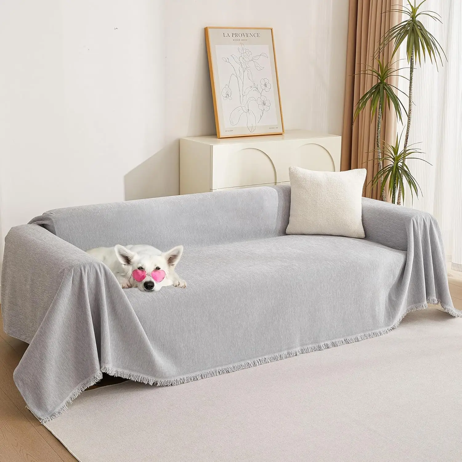 

Boho Couch Cover for Dogs, Washable Chenille Sofa Protector, 91x150in, Light Grey
